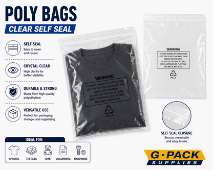 Clear poly bags 8x10 self seal with suffocation warning printed LDPE plastic packaging bags for apparel storage and shipping wholesale Miami warehouse Gpack Supplies
