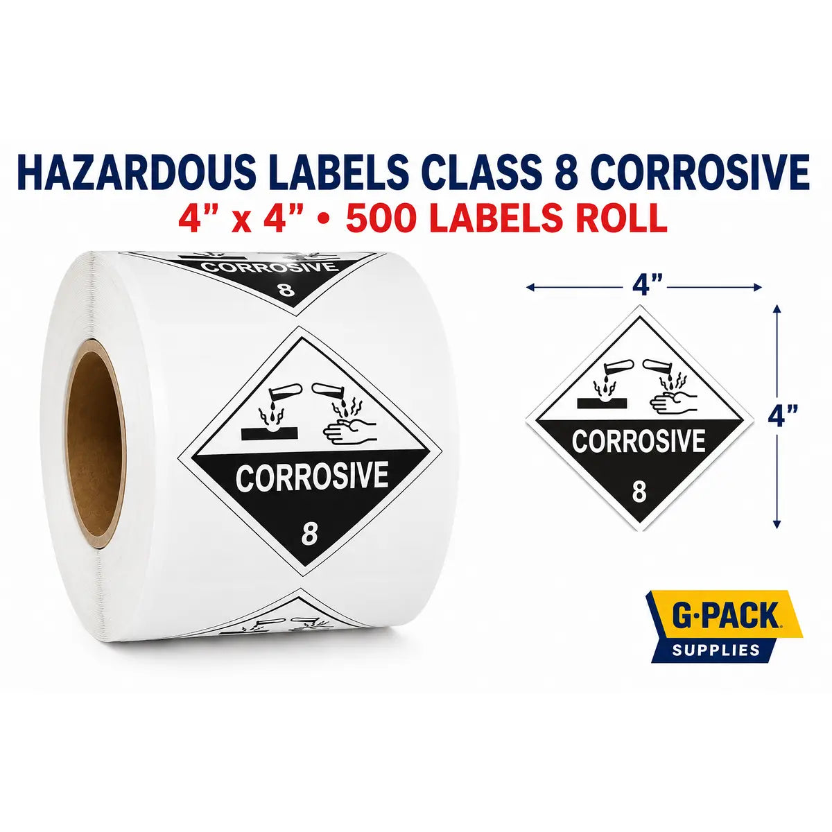 Hazardous Labels Class 8 Corrosive – 4 x 4 – 500 Labels Roll | Gpack Supplies