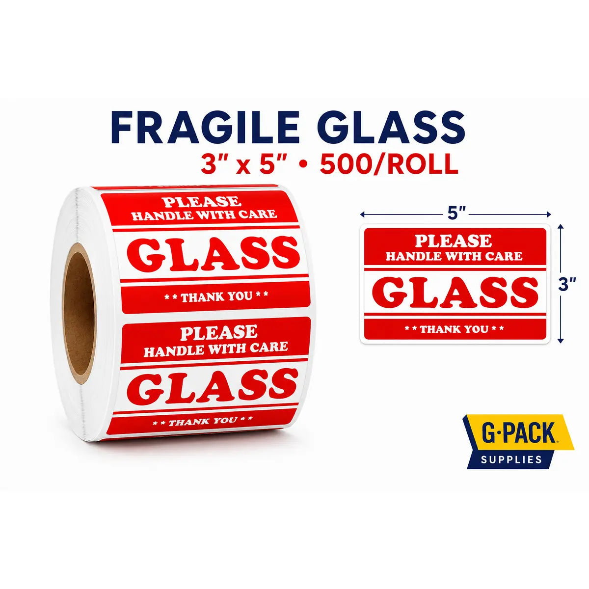 Shipping Labels Please Handle with Care Glass – 3 x 5 – 500 Labels Roll | Gpack Supplies