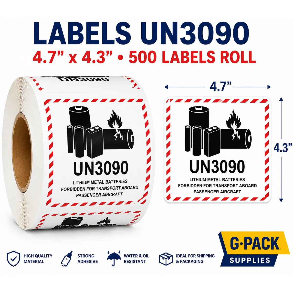 Hazardous Labels Lithium Battery UN3090 – 4.7 x 4.3 – 500 Labels Roll | Gpack Supplies