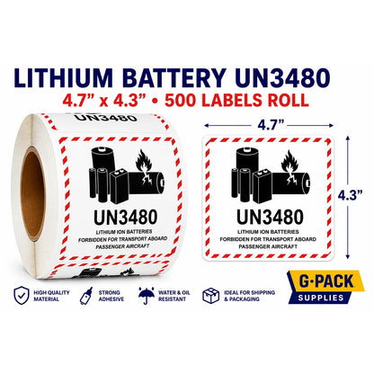 Lithium Battery Labels UN3480 – 4.7 x 4.3 – 500 Roll | Gpack Supplies