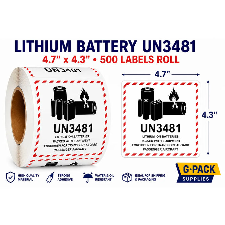 Lithium Battery Labels UN3481 – 4.7 x 4.3 – 500 Roll | Gpack Supplies