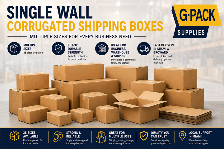 Single wall corrugated shipping boxes in multiple sizes for business, warehouse and e-commerce packaging from Gpack Supplies in Miami