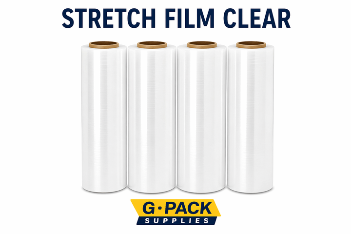 Stretch film clear 18 inch x 1000 ft 85 gauge 4 rolls per case pallet wrapping film wholesale Miami warehouse Gpack Supplies
