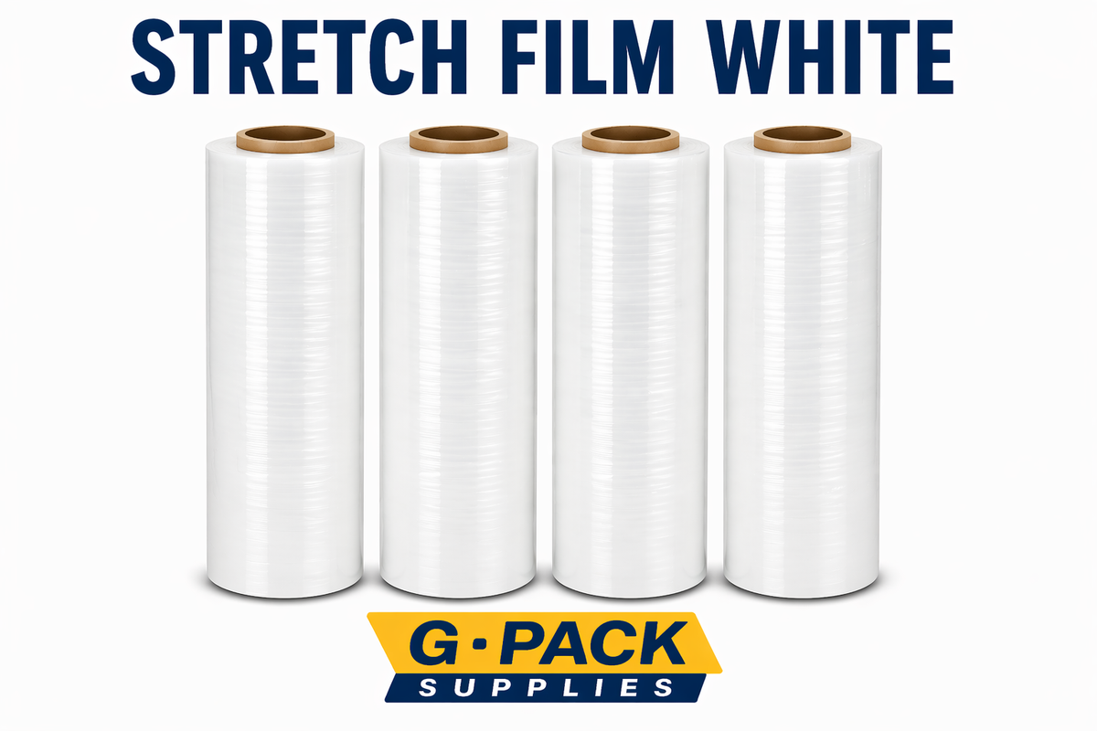 Stretch film white 18 inch x 1000 ft 85 gauge 4 rolls per case pallet wrapping film wholesale Miami warehouse Gpack Supplies

