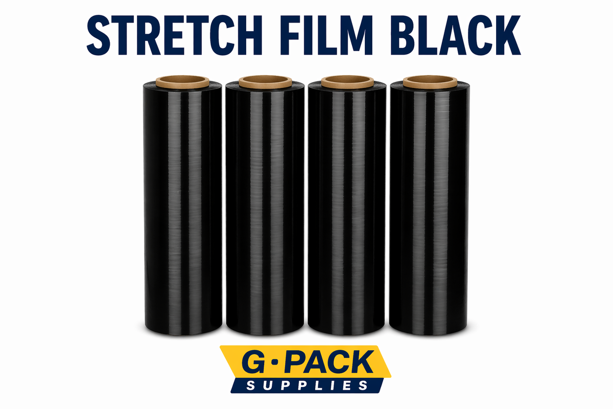 Stretch film black 18 inch x 1000 ft 85 gauge 4 rolls per case pallet wrapping film wholesale Miami warehouse Gpack Supplies
