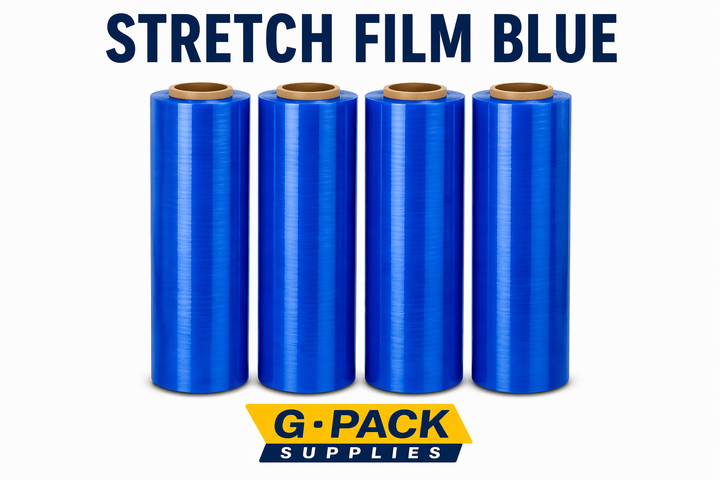 Stretch film blue 18 inch x 1000 ft 85 gauge 4 rolls per case pallet wrapping film wholesale Miami warehouse Gpack Supplies
