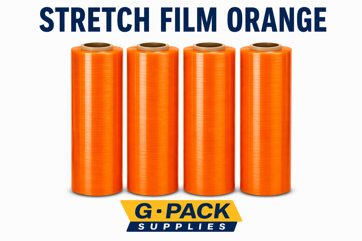 Stretch film orange 18 inch x 1000 ft 85 gauge 4 rolls per case pallet wrapping film wholesale Miami warehouse Gpack Supplies
