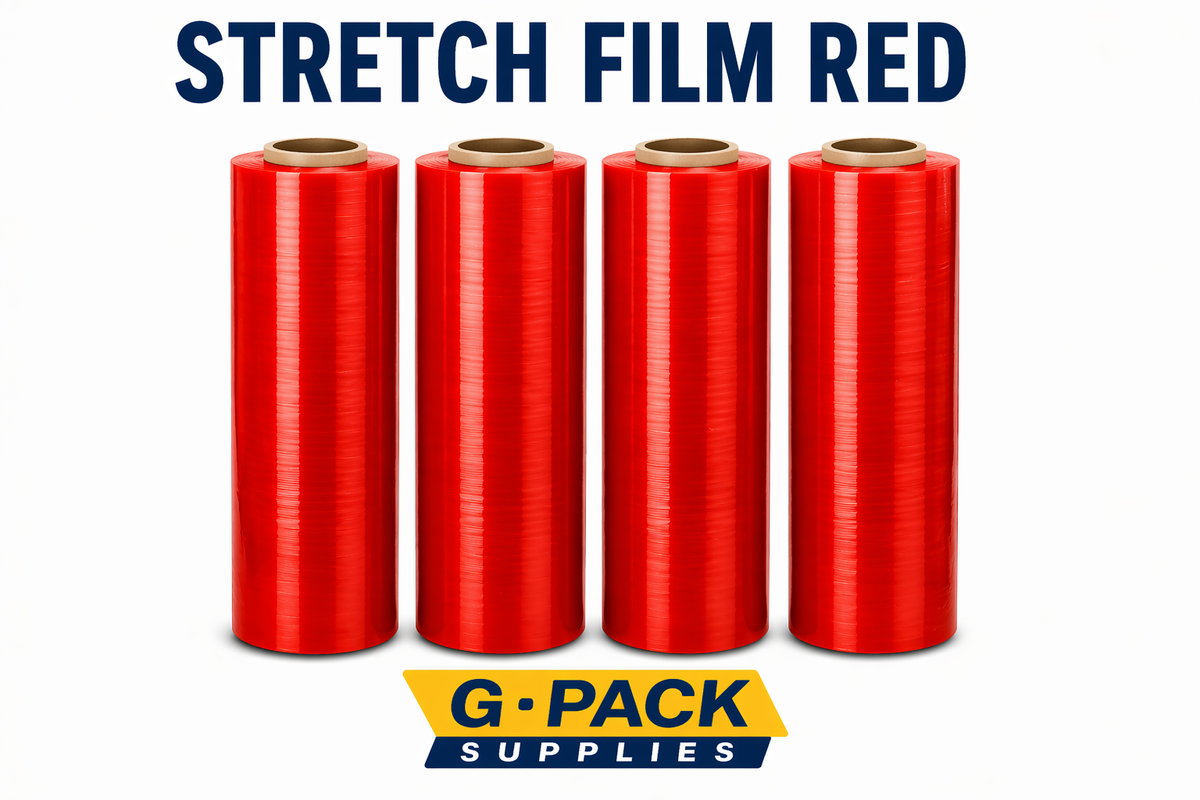 Stretch film red 18 inch x 1000 ft 85 gauge 4 rolls per case pallet wrapping film wholesale Miami warehouse Gpack Supplies
