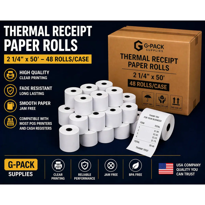 Thermal Receipt Paper Rolls 2 1/4" x 50' – 48 Rolls/Case – POS Credit Card Terminal Paper | Gpack Supplies
