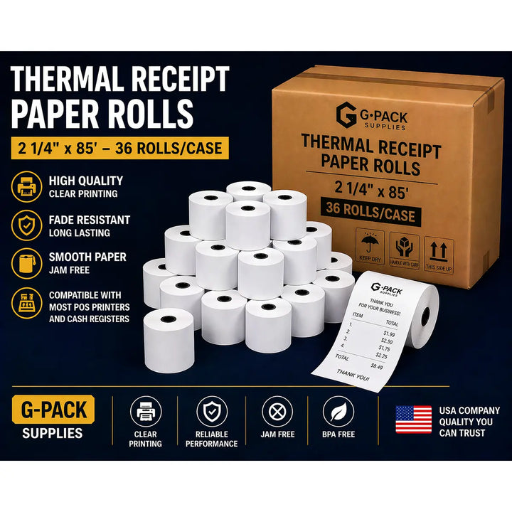 Thermal Receipt Paper Rolls 2 1/4" x 85' – 36 Rolls/Case – POS Credit Card Terminal Paper | Gpack Supplies