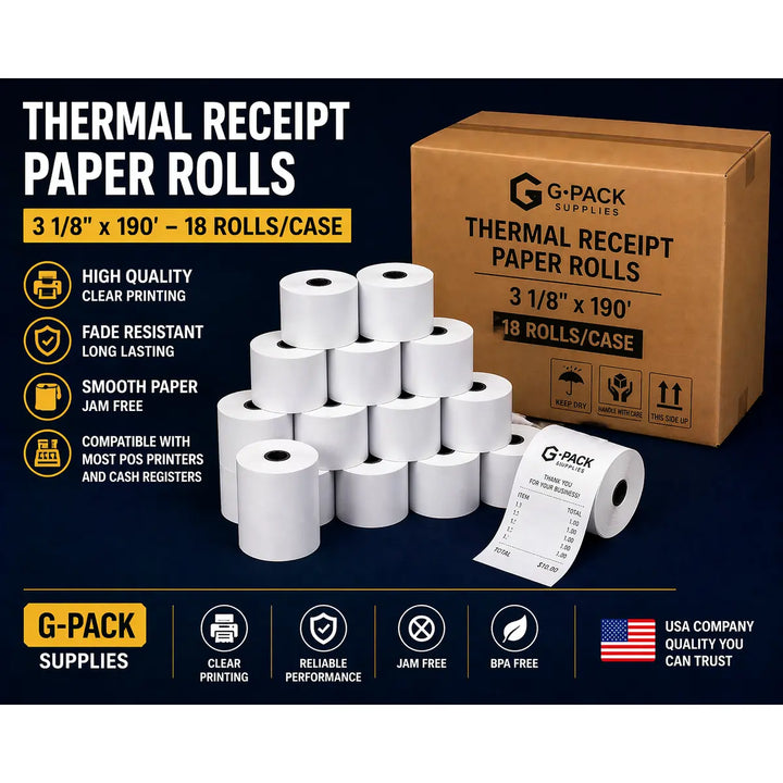 Thermal Receipt Paper Rolls 3 1/8" x 190' – 18 Rolls/Case – POS Cash Register Paper BPA-Free | Gpack Supplies