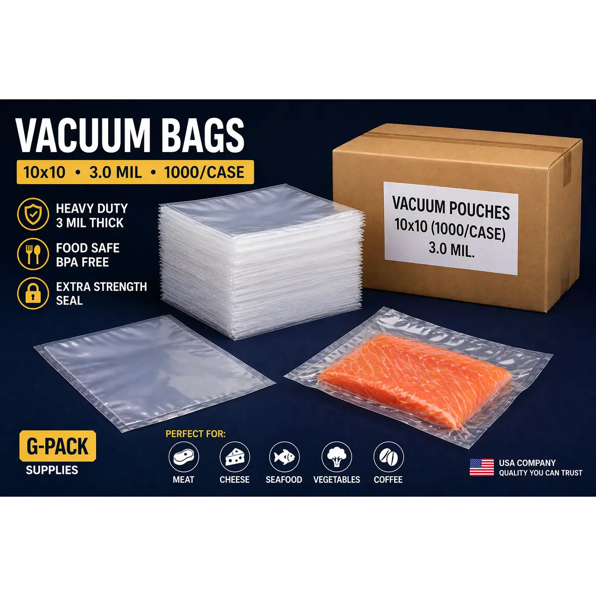 Vacuum Seal Bags 10 x 10 – 3 Mil – Commercial Vacuum Pouches – 1000 Case | Gpack Supplies