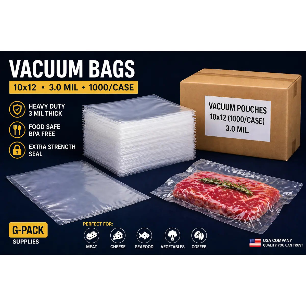 Vacuum Seal Bags 10 x 12 – 3 Mil – Commercial Vacuum Pouches – 1000 Case | Gpack Supplies