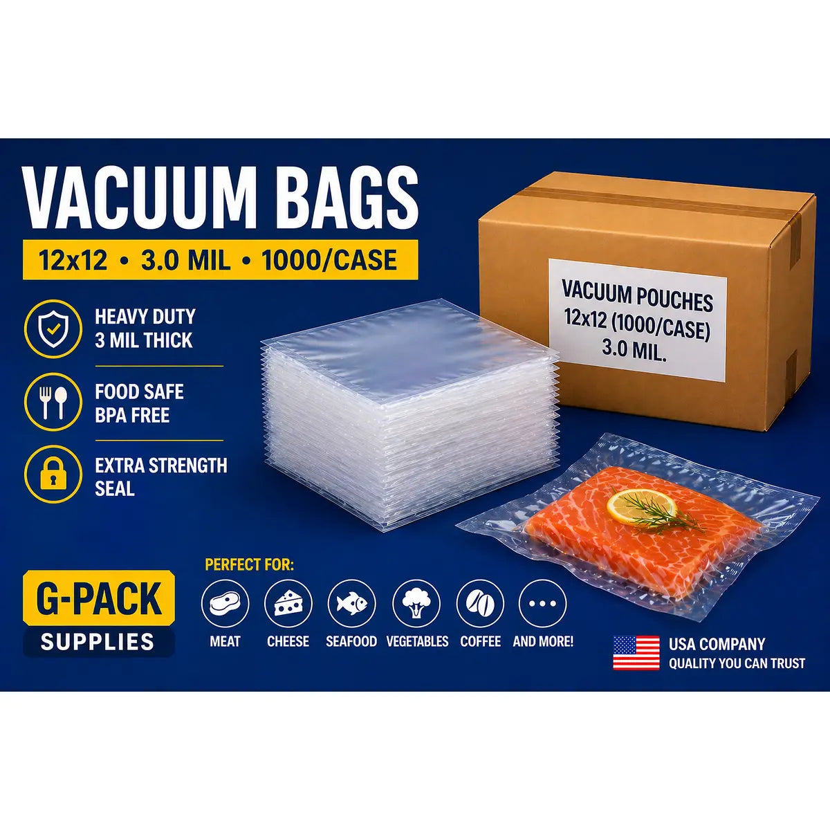 Vacuum Seal Bags 12 x 12 – 3 Mil – Commercial Vacuum Pouches – 1000 Case | Gpack Supplies