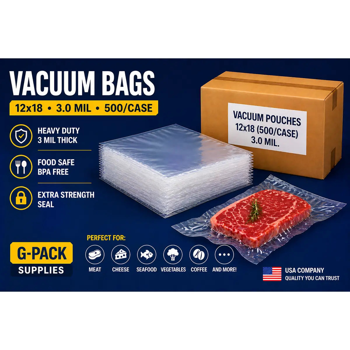 Vacuum Seal Bags 12 x 18 – 3 Mil – Commercial Vacuum Pouches – 500 Case | Gpack Supplies
