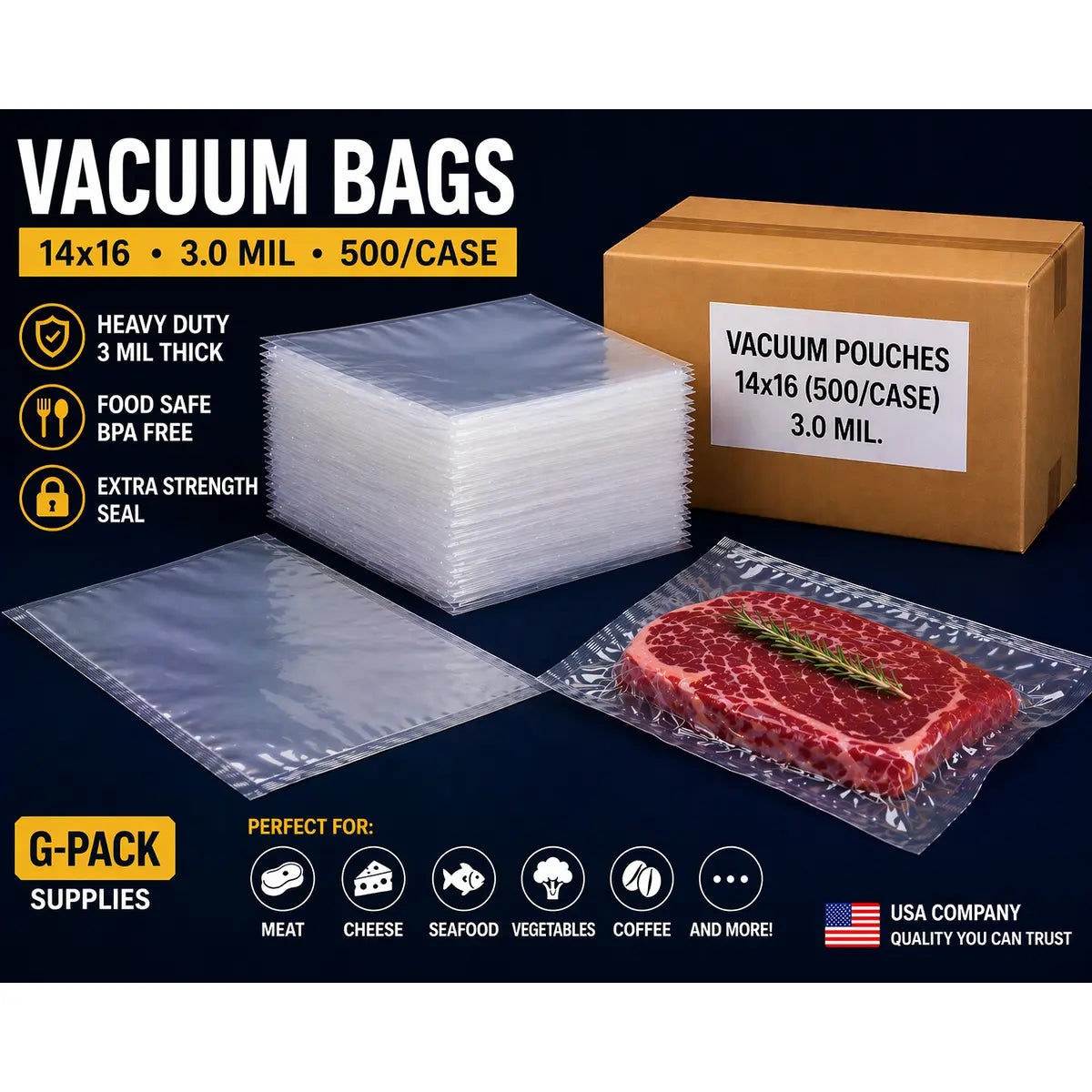Vacuum Seal Bags 14 x 16 3 Mil 500 Case Commercial Food Packaging | Gpack Supplies