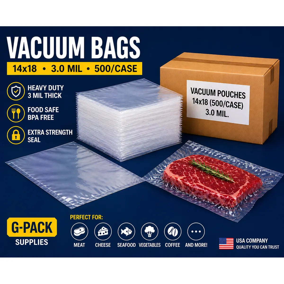 Vacuum Seal Bags 14 x 18 – 3 Mil – Commercial Vacuum Pouches – 500 Case | Gpack Supplies