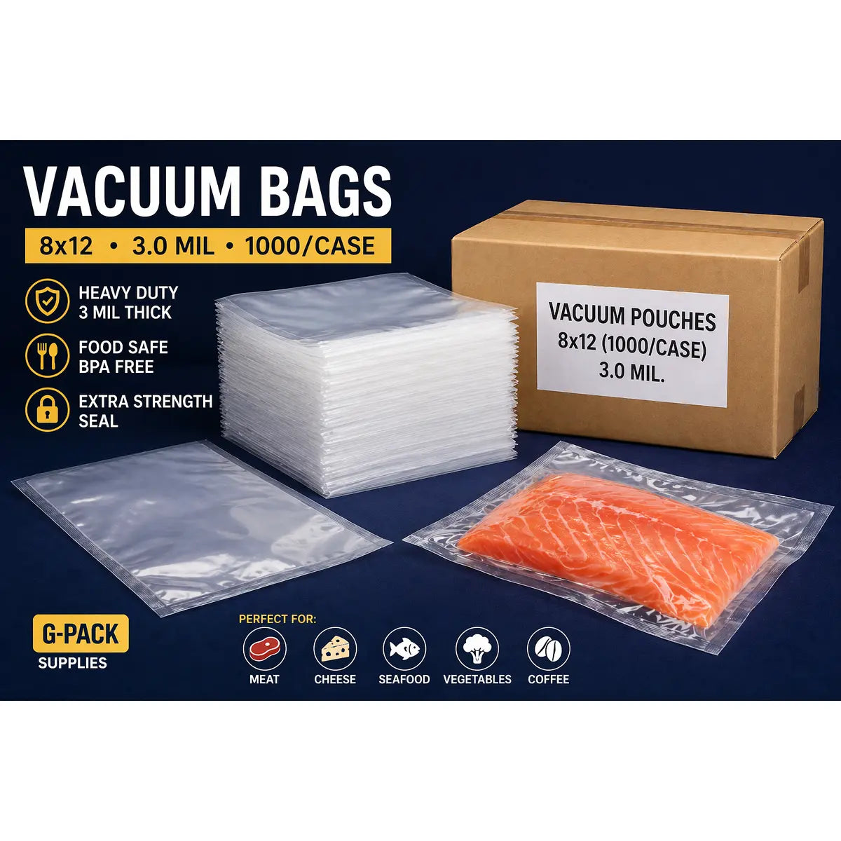 Vacuum Seal Bags 8 x 12 – 3 Mil – Commercial Vacuum Pouches – 1000 Case | Gpack Supplies