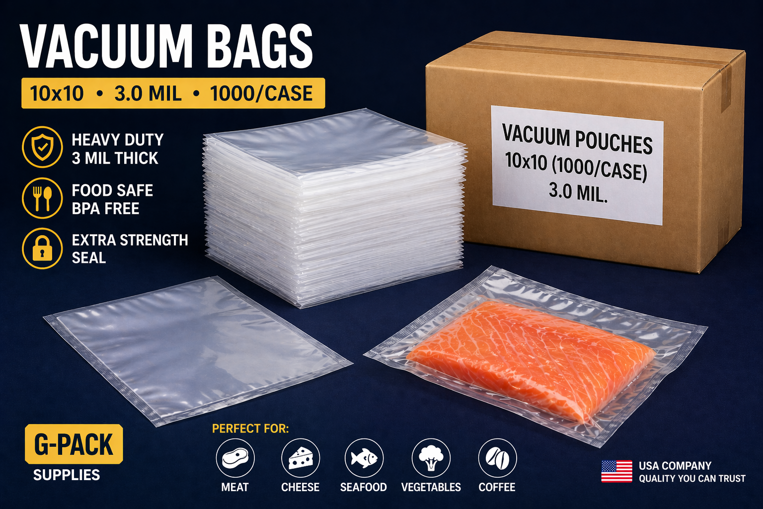 Vacuum bags 10x10 3 mil vacuum pouches 1000 case for food packaging and commercial use Gpack Supplies Miami warehouse