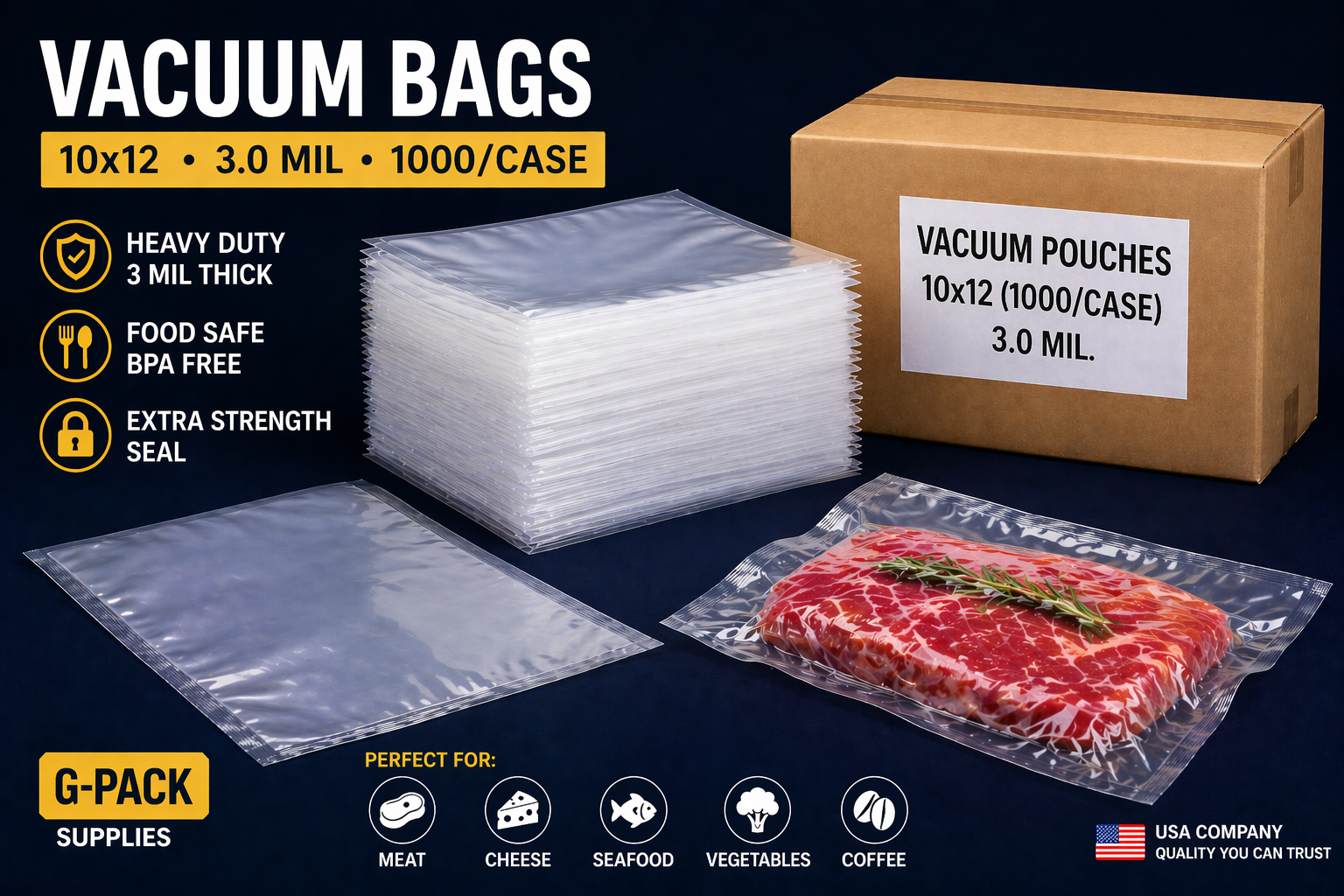 Vacuum bags 10x12 3 mil vacuum pouches 1000 case for food packaging and commercial use Gpack Supplies Miami warehouse