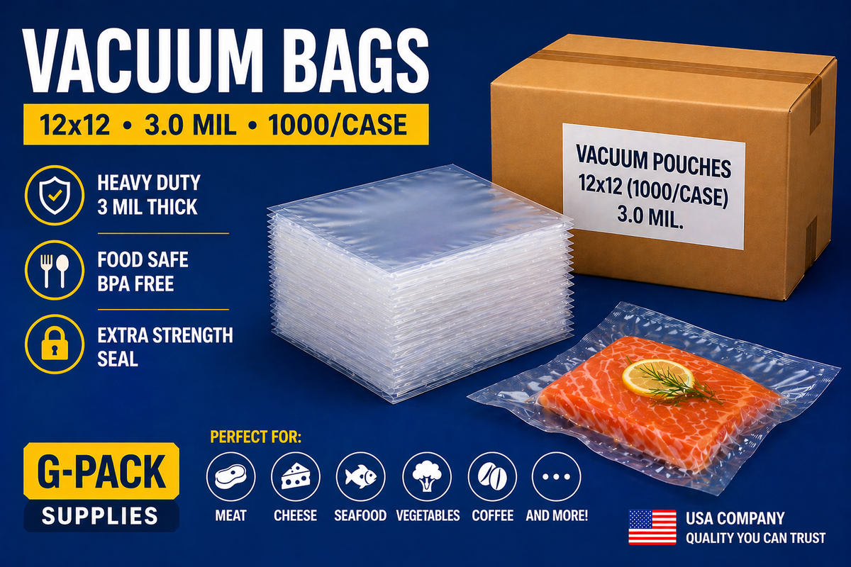 Vacuum bags 12x12 3 mil 1000 case for food packaging and commercial use Gpack Supplies Miami warehouse
