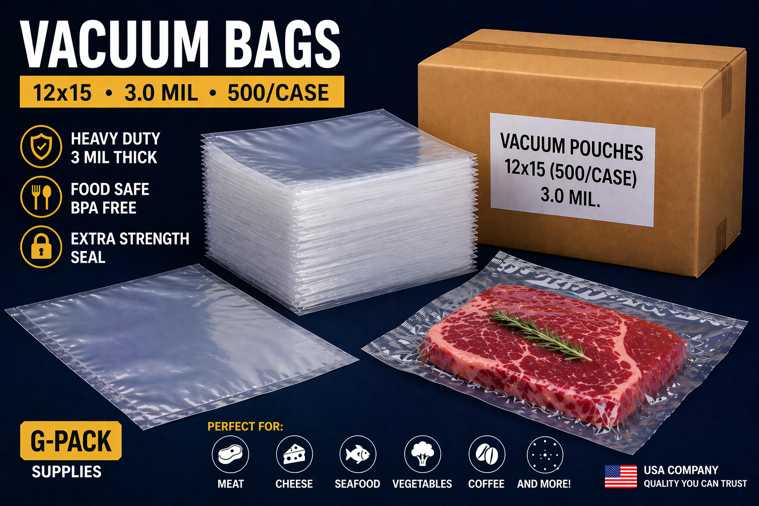 Vacuum bags 12x15 3 mil vacuum pouches 500 case for food packaging and commercial use Gpack Supplies Miami warehouse