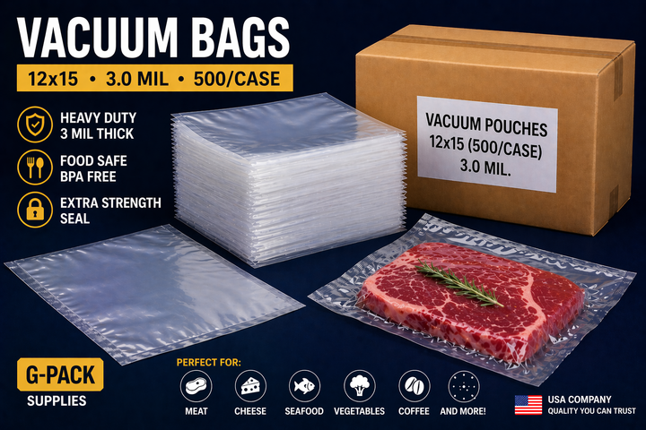 Vacuum bags 12x15 3 mil vacuum pouches 500 case for food packaging and commercial use Gpack Supplies Miami warehouse