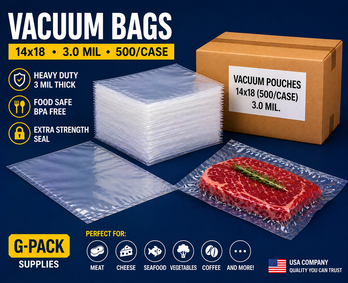 Vacuum bags 14x18 3 mil 500 case for food packaging and commercial use Gpack Supplies Miami warehouse
