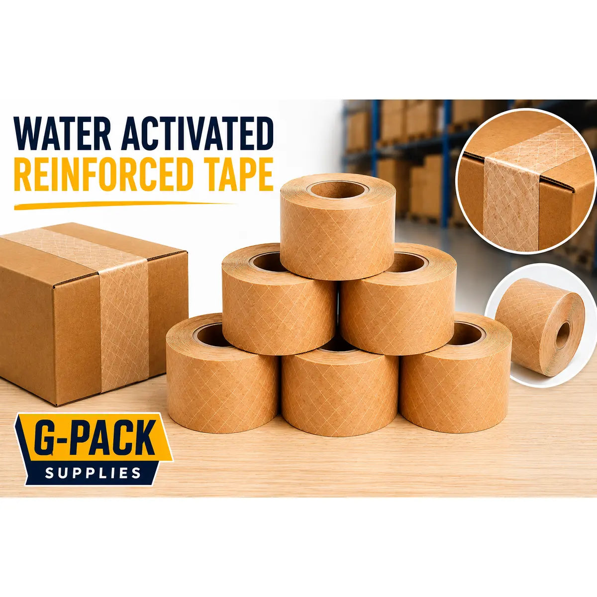 Water Activated Reinforced Tape – 3 x 500 ft – Kraft Gummed Packing Tape – 6 Rolls Case | Gpack Supplies